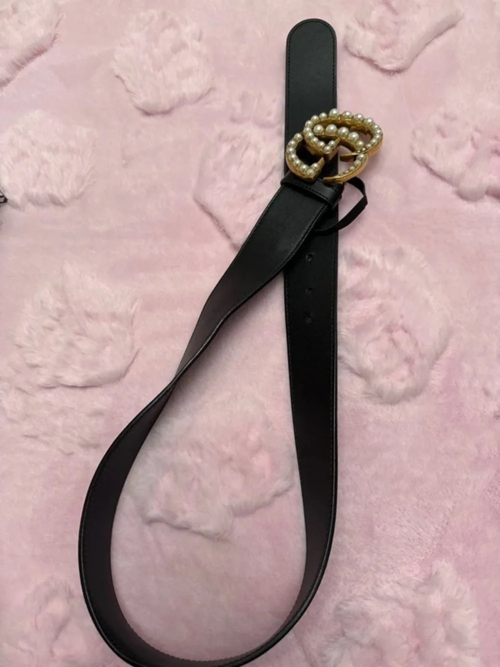 Gucci Black Leather Belt with Pearl-Embellished Gold Double G Buckle